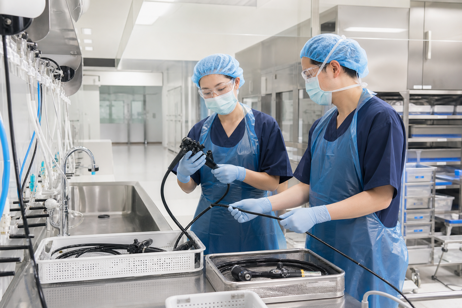 Sterile processing professionals inspecting flexible endoscopes