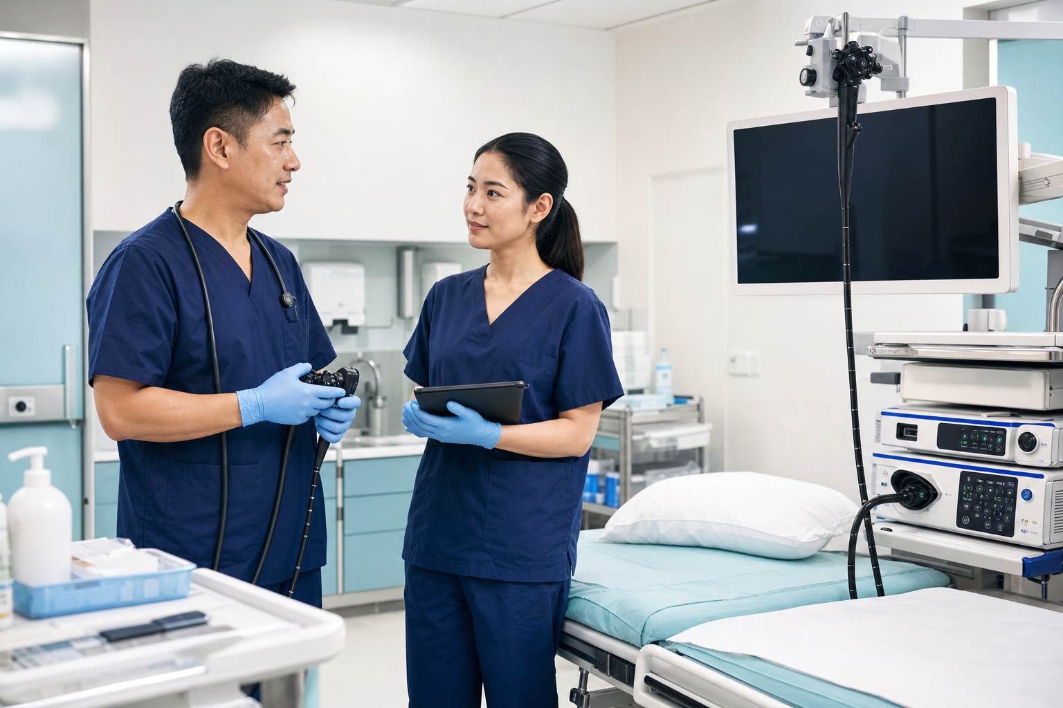 Endoscopy team reviewing clinical safety procedures