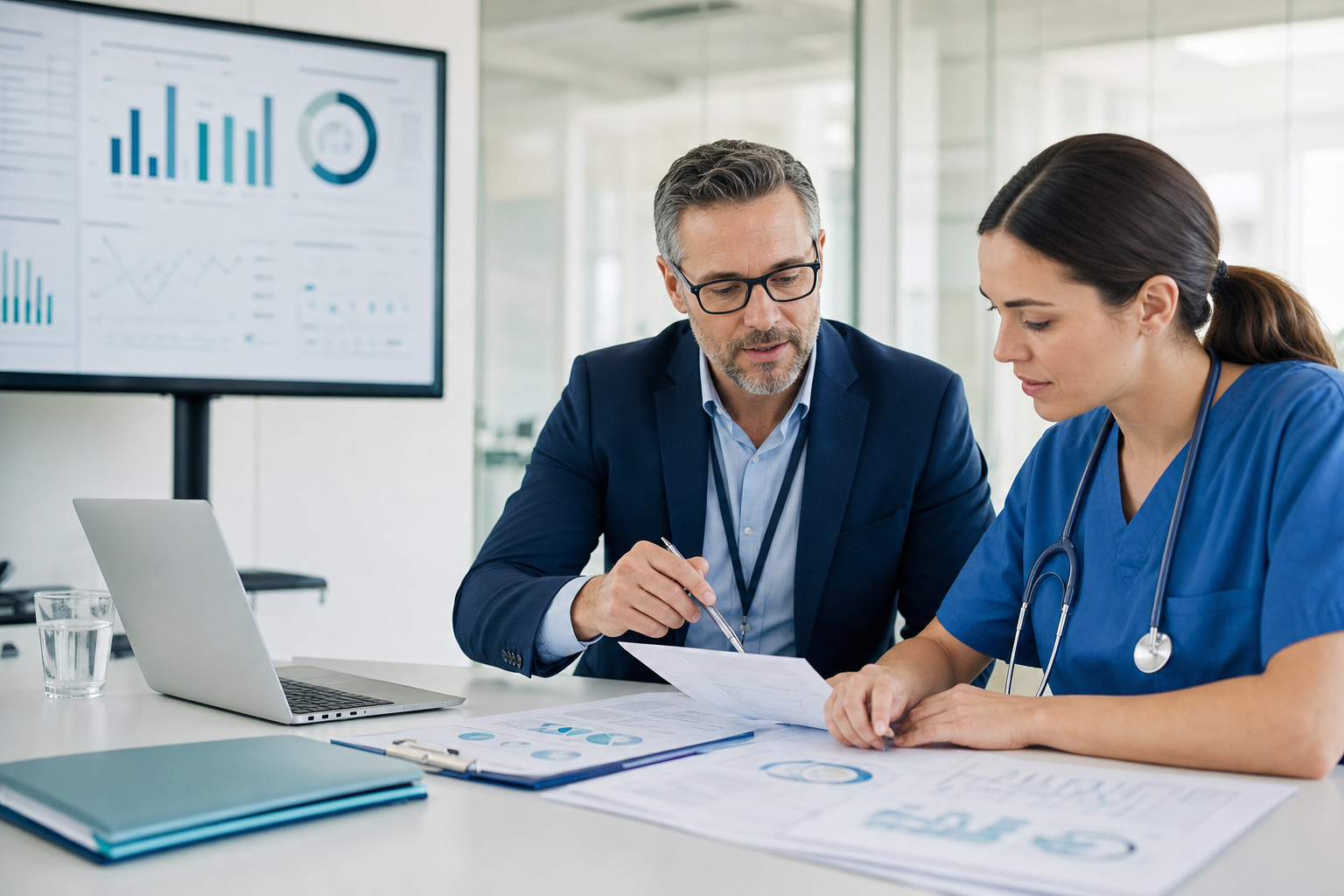 Healthcare leaders reviewing quality management documents