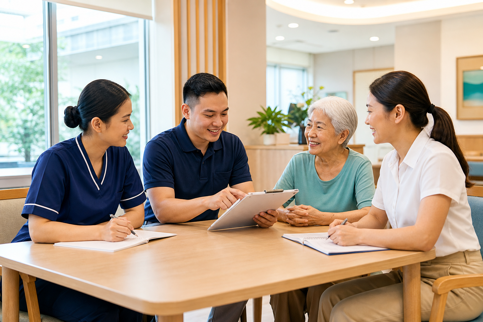Residential care team and resident reviewing a care plan