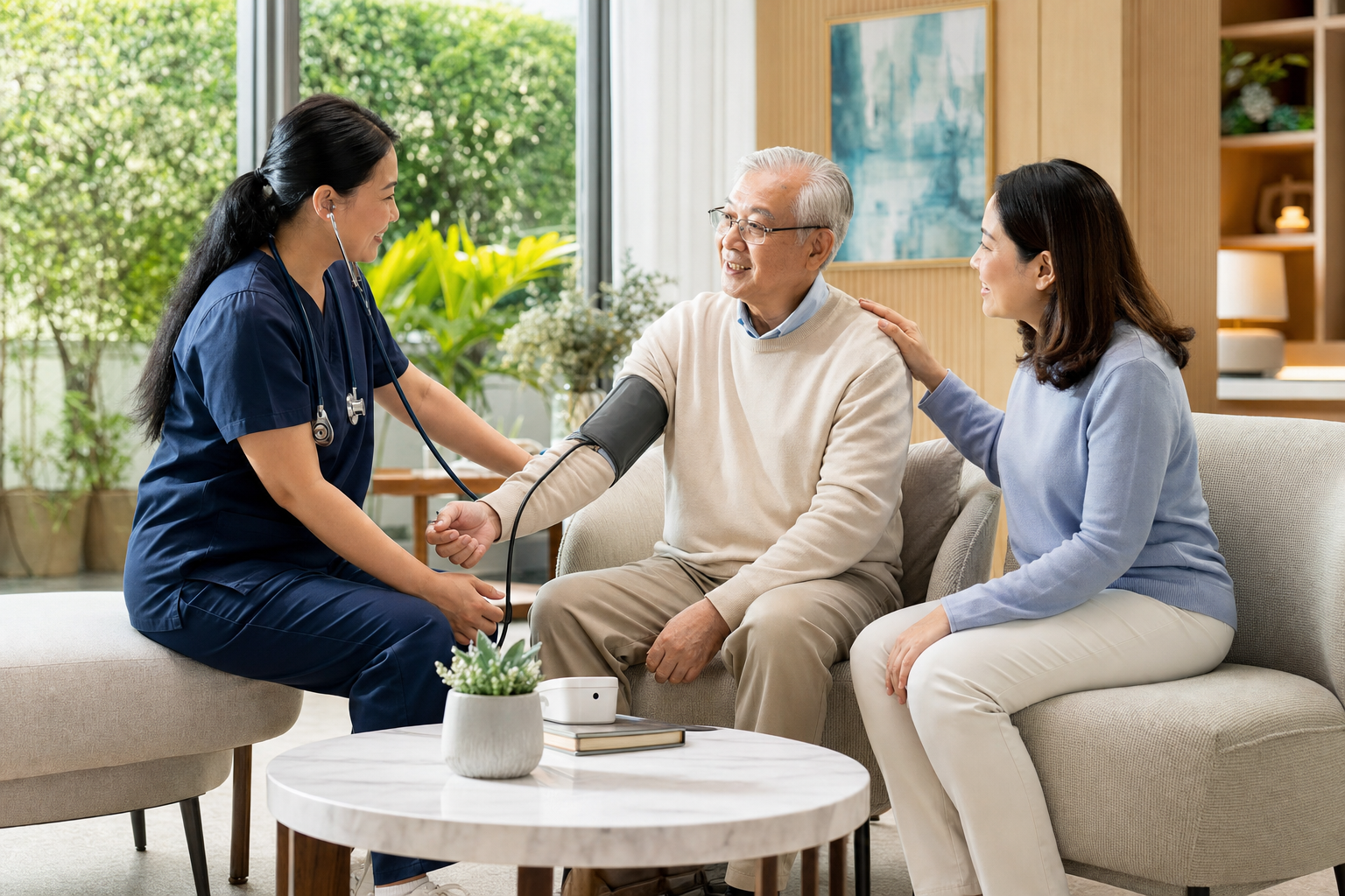 Nurse supporting stroke-risk monitoring with a resident and family member